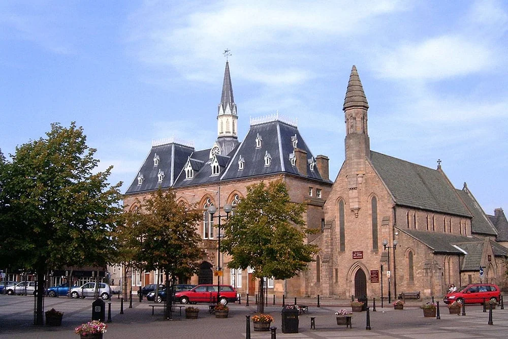 Historic buildings overlooking Bishop Auckland market place