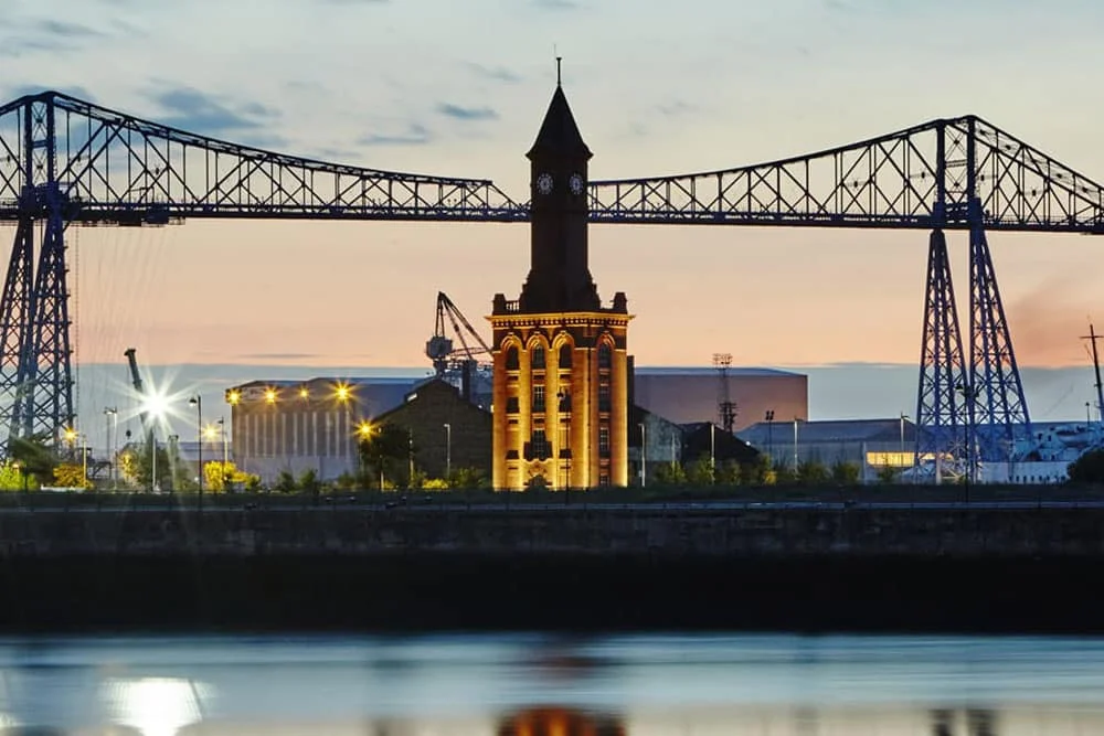 Middlesbrough Transporter Bridge and riverside clock tower